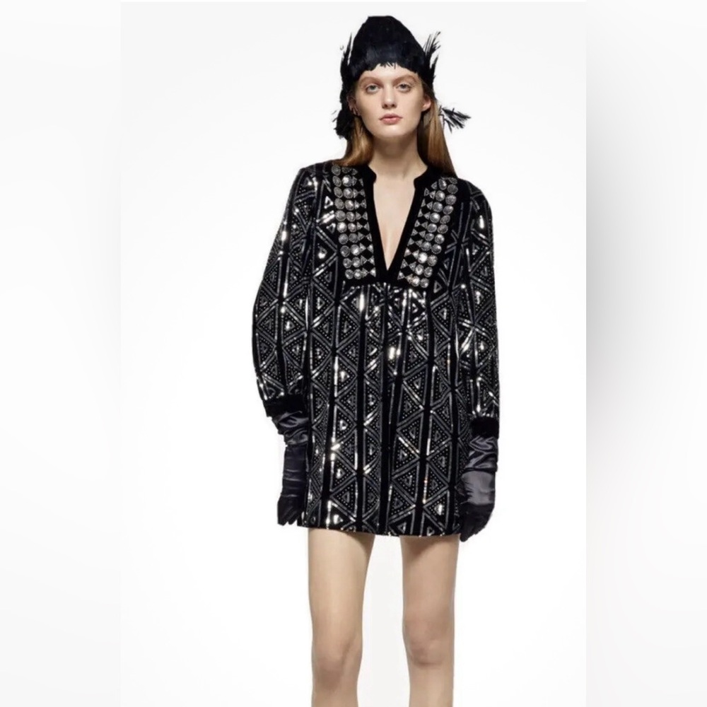 ZARA Black Sequined Velvet Dress/ Size XS